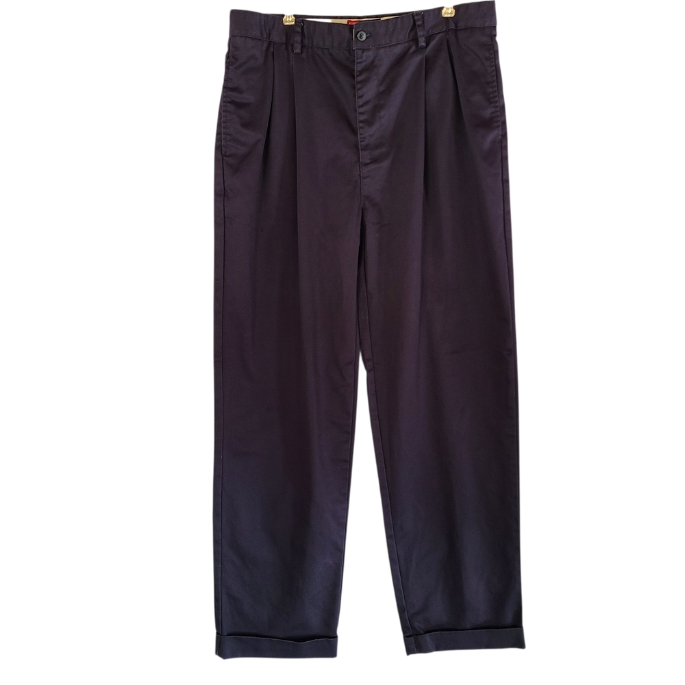 Chaps Men's Navy Pleated Cuffed Trousers Size 36